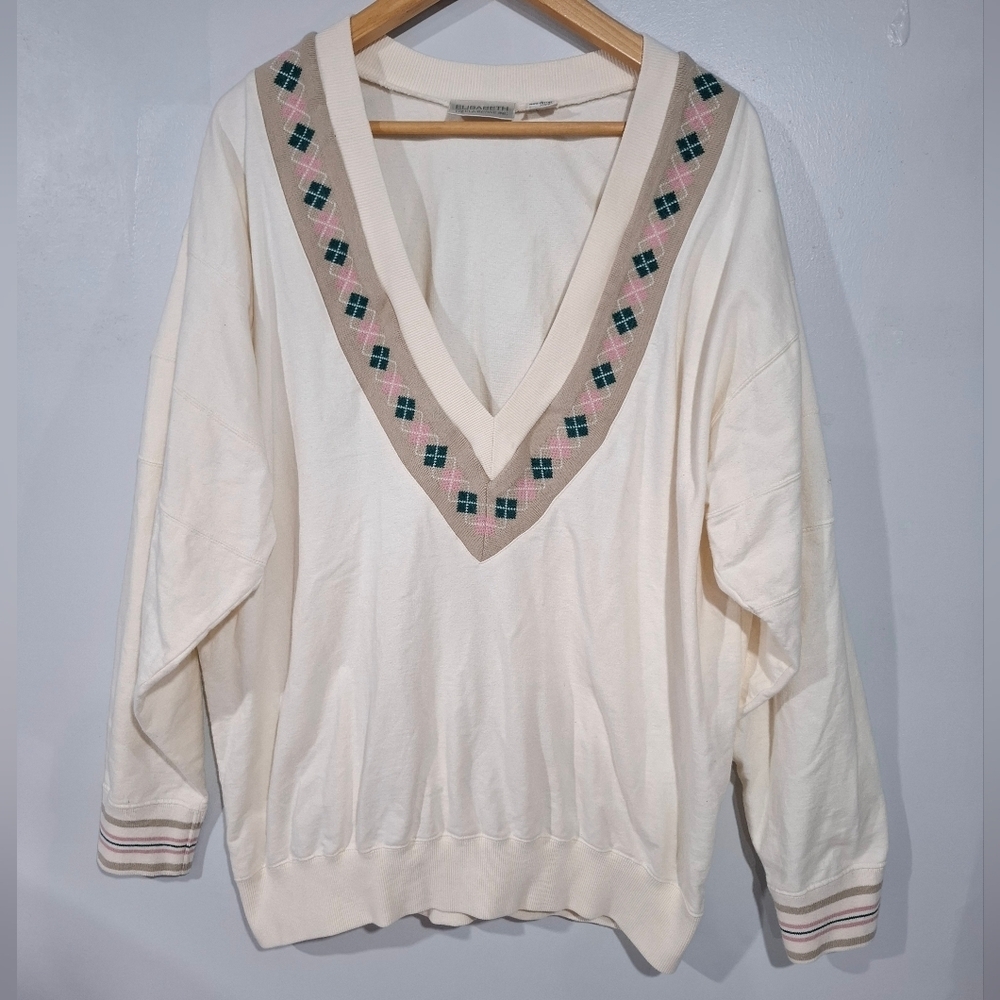 VTG Liz Claiborne Golf Sweater Knit Sz 3X Graphic V-Neck Beige Cotton Old Money